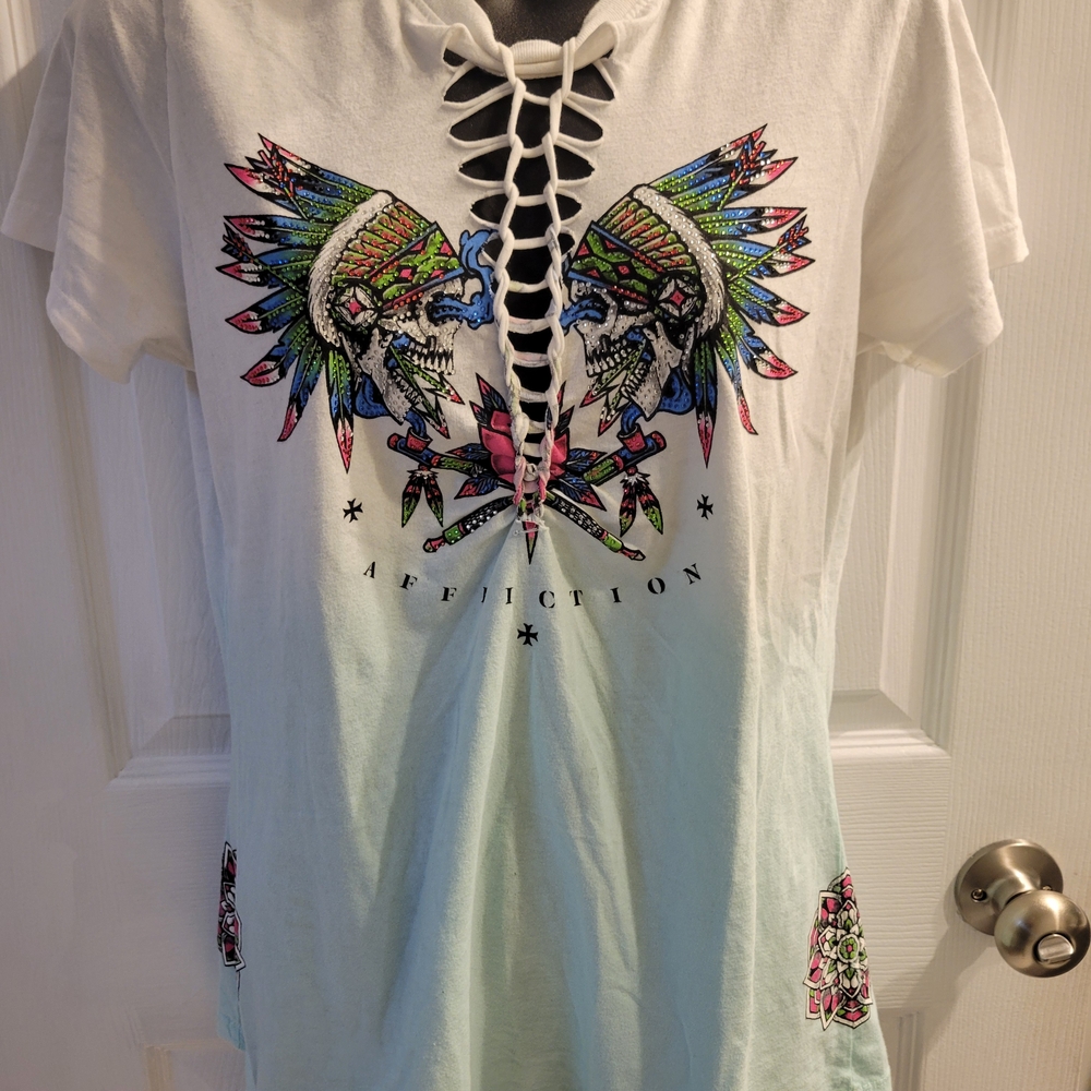 Affliction White Tee with Colorful Skull Graphic